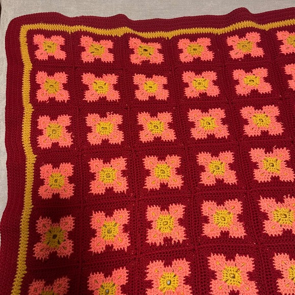 Handmade Crochet Granny Square Blanket Red Pink Yellow Throw Afghan Boho Cottage - Picture 2 of 3